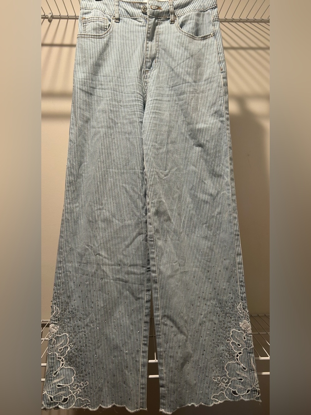 MUY MUY Fancy Collection Wide Leg Embroidered & Embellished Stripe Jeans M